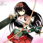  aircraft airplane akagi_(kantai_collection) arrow blush bow_(weapon) brown_eyes brown_hair drawing_bow flight_deck gin'ichi_(akacia) hakama_skirt holding holding_arrow holding_bow_(weapon) holding_weapon japanese_clothes kantai_collection long_hair muneate quiver radio_antenna skirt solo weapon 