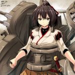  armor blush bow brown_eyes brown_hair cannon gin'ichi_(akacia) hair_bow hair_ribbon highres ise_(kantai_collection) japanese_clothes kantai_collection katana long_hair ponytail ribbon skirt smile solo sword turret weapon 