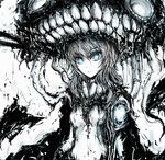  blue_eyes bodysuit covered_navel head_tilt highres kantai_collection long_hair looking_at_viewer merpperoni monochrome monster shinkaisei-kan simple_background solo spot_color teeth white_background wo-class_aircraft_carrier 