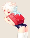  ass backpack bad_id bad_pixiv_id bag bent_over blue_hair blush crossdressing hakuryuu_(inazuma_eleven) inazuma_eleven_(series) inazuma_eleven_go long_hair looking_at_viewer looking_back male_focus multicolored_hair nalse one-piece_swimsuit ponytail randoseru red_eyes school_swimsuit simple_background solo swimsuit thighhighs two-tone_hair white_hair younger 