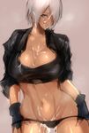  after_sex angel_(kof) black_panties blue_eyes breasts cleavage cropped_jacket cum cum_in_clothes cum_in_panties fingerless_gloves gloves grin hair_over_one_eye huge_breasts midriff navel negresco overflow panties panty_pull silver_hair smile solo the_king_of_fighters toned underwear 