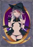  \n/ cravat earrings fangs fingerless_gloves flat_chest gloves grin hat highres jewelry kirisaki_(gin16k) long_hair nail_polish navel original panties pendant pointy_ears single_glove single_thighhigh smile solo stitches thigh_gap thighhighs underwear white_hair wings witch_hat yellow_eyes 