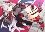  1girl antenna_hair armpit_cutout ass azur_lane bangs boots breasts brown_eyes eyebrows_visible_through_hair finger_to_mouth garter_straps hair_between_eyes headgear iron_cross kirisawa_shinji large_breasts leotard long_hair long_sleeves looking_at_viewer lying mole mole_on_breast multicolored_hair on_side prinz_eugen_(azur_lane) red_hair rudder_shoes silver_hair smile solo streaked_hair taut_clothes thighs two_side_up very_long_hair wide_sleeves 