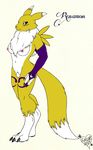  3_fingers 3_toes arm_warmers black_sclera blue_eyes breasts canine claws digimon digitigrade digitigrade_legs female fox fox_tail fur furlyfe hindpaw mammal naturally_censored neck_ruff nipples nude paws plain_background pubes renamon solo three_fingers three_toes white_background yellow_fur 