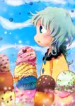  blouse blue_eyes blue_hair blue_sky blurry blush cloud day depth_of_field food ice_cream kana_tako komeiji_koishi no_hat no_headwear open_mouth profile short_hair sky solo third_eye touhou water_drop 