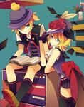  1girl akiyoshi_(tama-pete) alternate_costume blonde_hair blue_eyes blue_hat book brother_and_sister feathers flower gloves hat kagamine_len kagamine_rin looking_at_viewer red_eyes ribbon rose short_hair short_sleeves shorts siblings sitting vocaloid 