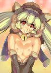  bell bell_collar breasts collar elbow_gloves gloves green_hair harem_gain head_tilt hisahiko long_hair looking_at_viewer md5_mismatch medium_breasts nipples red_eyes smile solo sweatdrop 