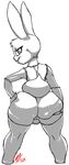  anthro big_butt butt female huge_butt lagomorph looking_at_viewer looking_back mammal monkeyxflash monochrome pussy rabbit smile solo 