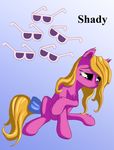  blonde_hair bow cutie_mark english_text equine eyewear female fur green_eyes hair horse long_hair mammal my_little_pony pink_fur pony sad shady_(mlp) sitting solo starbat sunglasses text 