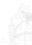  absurdres bow commentary_request fire flame food food_on_head fruit greyscale hand_on_headwear hat hat_leaf highres hinanawi_tenshi koshi_(koshi_vortex) leaf long_hair monochrome object_on_head peach sketch solo sunset sword_of_hisou touhou 