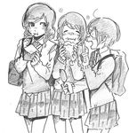  bag blush bow closed_eyes eating food graphite_(medium) greyscale hoshizora_rin koizumi_hanayo love_live! love_live!_school_idol_project marker_(medium) monochrome multiple_girls nishikino_maki otonokizaka_school_uniform school_bag school_uniform short_hair shouting sketch tamagogogo traditional_media 