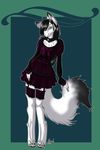  avoid_posting black_hair bow canine collar conditional_dnp crossdressing digitigrade dress fox garter girly gothic_lolita green_eyes hair hair_accessory looking_at_viewer male mammal mrawl rakai solo standing 