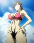  1girl bikini bra breasts brown_eyes brown_hair earrings erect_nipples freezing_(series) highres jewelry kim_yumi large_breasts panties short_hair solo standing stitched summer swimsuit 