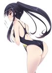  ass black_hair blush check_translation competition_swimsuit kantai_collection long_hair mutou_kurihito one-piece_swimsuit ponytail red_eyes simple_background solo swimsuit translated translation_request white_background yahagi_(kantai_collection) 