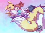  3_toes ambiguous_gender barefoot butt canine claws clothed clothing cute digimon female footwear fox fur gloves hug human inuki long_ears looking_at_viewer mammal nude pants pawpads paws renamon rika_nonaka sharp_claws shirt shoes toe_claws 