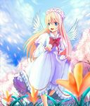  bad_id bad_pixiv_id barefoot blonde_hair blue_eyes blue_sky bow capelet cherry_blossoms cloud day flower grass hat leg_up lily_white long_hair open_mouth outdoors petals skirt skirt_lift sky solo touhou tree wendell wings 