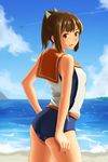  arched_back brown_eyes brown_hair dominico highres i-401_(kantai_collection) kantai_collection ponytail school_swimsuit short_hair short_ponytail solo swimsuit swimsuit_under_clothes 