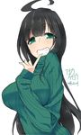  ahoge black_hair breasts finger_to_mouth green_eyes grin inaka_keikou large_breasts long_hair original ribbed_sweater smile solo sweater turtleneck upper_body very_long_hair 