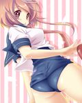  ass back blush breasts i-58_(kantai_collection) kantai_collection light_brown_hair looking_back medium_breasts moyashi_onna open_mouth red_eyes school_swimsuit school_uniform serafuku short_hair swimsuit swimsuit_under_clothes torpedo 