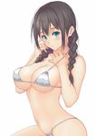  :o bikini black_hair blue_eyes blush braid breasts cleavage cowboy_shot hair_over_shoulder large_breasts long_hair muffin_(sirumeria) navel open_mouth original shiny shiny_skin simple_background skindentation solo strap_lift swimsuit twin_braids white_background white_bikini 