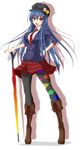  1girl alternate_costume argyle argyle_legwear black_legwear blue_hair contemporary female gmot highres hinanawi_tenshi mismatched_legwear pantyhose red_eyes solo sword_of_hisou touhou transparent_background 