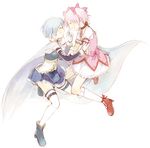  armband bad_id bad_pixiv_id blue_hair bow cape closed_eyes furukawa_(aomitori) gloves grin hair_bow hand_on_another's_face kaname_madoka magical_girl mahou_shoujo_madoka_magica miki_sayaka multiple_girls open_mouth pink_hair short_hair short_twintails simple_background smile soul_gem thighhighs twintails white_background zettai_ryouiki 