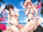  2girls absurdres arm_support ayase_hazuki beach bikini bikini_aside black_bikini black_hair blonde_hair blush breasts breasts_outside brown_eyes character_request cloud cunnilingus day faceless faceless_male ffm_threesome flower frilled_bikini frills front-tie_top girl_on_top group_sex hetero hibiscus highres huge_filesize large_breasts leaf long_hair looking_at_viewer looking_back multiple_girls navel ocean open_mouth oral ore_no_kanojo_to_oneechan_no_yuwaku_mizugi_shoubu outdoors palm_tree perky_breasts ponytail purple_eyes reverse_spitroast scan scrunchie sex shiny shiny_skin short_hair side-tie_bikini sitting sitting_on_face sitting_on_person skindentation sky smile string_bikini swimsuit swimsuit_aside text_focus threesome translation_request tree white_bikini 