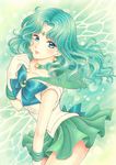  aqua_eyes aqua_hair back_bow bishoujo_senshi_sailor_moon bow choker earrings gloves green green_background green_skirt jewelry jyan_borii kaiou_michiru long_hair magical_girl ribbon sailor_collar sailor_neptune sailor_senshi_uniform skirt smile solo tiara white_gloves 