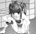  greyscale kindandowa long_hair monochrome original panties sitting skirt skirt_lift socks solo spread_legs tank_top twintails underwear 