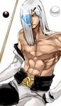  abs blue_eyes cue_ball cue_stick dark_skin dark_skinned_male detached_sleeves guilty_gear hair_ornament hair_over_one_eye hairclip laio long_hair male_focus shirtless solo venom_(guilty_gear) white_hair 