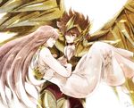  1girl 2013 amiko armor artist_name bad_id bad_pixiv_id barefoot brown_hair carrying choker couple dated dress green_eyes hetero kido_saori long_hair orange_eyes pegasus_seiya pink_hair princess_carry saint_seiya saint_seiya_omega short_hair smile white_dress 