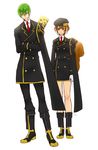  1boy 1girl blazblue brown_hair full_body green_hair hazama makoto_nanaya soldier uniform 