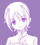  bad_id bad_pixiv_id closed_mouth face hair_ornament inazuma_eleven_(series) inazuma_eleven_go looking_at_viewer lowres male_focus monochrome nalse purple purple_background shuu_(inazuma_eleven) simple_background smile solo upper_body 