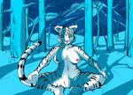  areola blue_eyes breasts cool_colors feline female forest fur looking_at_viewer mammal navel night nipples nude pussy rheumatism sitting snow spread_legs spreading tiger tree white_fur white_tiger winter 