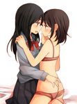  ass black_hair blush bow bra brown_bra brown_eyes brown_hair brown_panties butt_crack eye_contact hachiko_(hati12) hand_on_another's_chin long_hair looking_at_another multiple_girls original panties school_uniform skirt smile underwear underwear_only yuri 