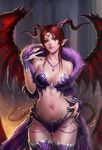  armor bikini_armor breasts cleavage fingernails hand_on_hip horns jewelry large_breasts monster_girl navel parted_lips pendant pointy_ears red_eyes red_hair sakura_(ajrhine) solo tail thigh_gap thighhighs very_long_fingernails wings 