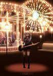  aqua_eyes aqua_hair bench black_legwear carousel clock_lock_works_(vocaloid) ferris_wheel guitar hatsune_miku instrument lamppost long_hair necktie night skirt smile solo standing thighhighs twintails vocaloid yuzuki_kihiro 