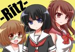  :d bands black_hair blue_eyes brown_eyes brown_hair commentary_request glasses igarashi_auguri_(character) kiyoshi_saya_(character) kobayashi_ritz_(character) long_hair multiple_girls open_mouth saki school_uniform short_hair smile sou_(mgn) 