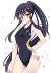  black_hair blush competition_swimsuit hand_on_hip kantai_collection long_hair mutou_kurihito one-piece_swimsuit ponytail red_eyes smile solo swimsuit white_background yahagi_(kantai_collection) 