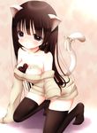  animal_ears arm_support black_eyes black_hair blush breasts cat_ears cat_tail chocolate cleavage foreshortening heart kneeling large_breasts long_hair no_pants off_shoulder original ribbon sleeves_past_wrists solo tail tail_ribbon tounyu_melon whipped_cream 