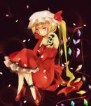  alternate_costume bare_shoulders blonde_hair co_(eselisapyon) dress elbow_gloves flandre_scarlet gloves hat hat_ribbon high_heels long_hair mob_cap petals red_eyes ribbon side_ponytail sitting smile solo strapless strapless_dress tattoo touhou very_long_hair 
