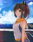  bad_id bad_pixiv_id banned_artist bare_shoulders blush brown_eyes brown_hair cloud day i-401_(kantai_collection) kantai_collection looking_at_viewer okia one-piece_swimsuit ponytail sailor_collar school_swimsuit school_uniform short_hair short_ponytail sky smile solo swimsuit 