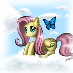  blue_eyes butterfly cloud cute cutie_mark equine female feral fluttershy_(mlp) friendship_is_magic frozenserenade fur green_eyes hair horse insect mammal my_little_pony outside pegasus pink_hair pony shaded sky smile wings yellow_fur 