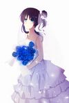 blue_eyes blue_hair bouquet bridal_veil donkey_frist dress flower hair_bun highres hiradaira_chisaki long_hair nagi_no_asukara rose solo veil wedding_dress 