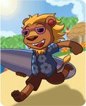  beach bud_(animal_crossing) dr-reggie eyewear feline happy lion male mammal nintendo seaside solo sunglasses surfboard video_games 