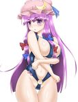  ao_no_mi between_breasts blush breasts commentary crescent crossed_arms groin hair_ribbon hat highres large_breasts long_hair looking_at_viewer mob_cap navel patchouli_knowledge pout purple_eyes purple_hair ribbon sideboob simple_background solo string_bikini sweatdrop touhou tress_ribbon underboob very_long_hair white_background 