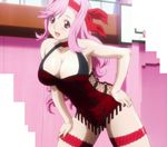 1girl armpits bare_shoulders blush breasts celia_ootsuka cleavage collarbone fang fingernails genderswap gym halterneck hand_on_hip hand_on_thigh hands head_tilt headband highres hips indoors large_breasts leaning_forward long_hair looking_at_viewer maken-ki! open_mouth pink_hair pose red_eyes screencap shiny shiny_skin solo standing stitched sweat thigh_gap thigh_strap thighs wall wavy_hair 