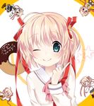  &gt;_&lt; ;) =_= absurdres blonde_hair blue_eyes bow closed_eyes doughnut food highres kamikita_komari little_busters! one_eye_closed pink_bow ribbon school_uniform short_hair smile solo tears yushima 