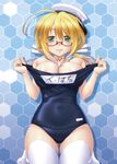  ahoge ayato bare_shoulders between_breasts blonde_hair blush breasts glasses green_eyes hair_ribbon hat highres i-8_(kantai_collection) kantai_collection kneeling large_breasts looking_at_viewer one-piece_swimsuit red-framed_eyewear ribbon school_swimsuit solo swimsuit thighhighs white_legwear 
