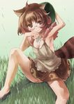  animal_ears arm_up armpits bare_shoulders breasts brown_eyes brown_hair futatsuiwa_mamizou glasses looking_at_viewer raccoon_ears raccoon_tail sandals short_hair skirt small_breasts smile solo tail tank_top touhou white-framed_eyewear yohane 